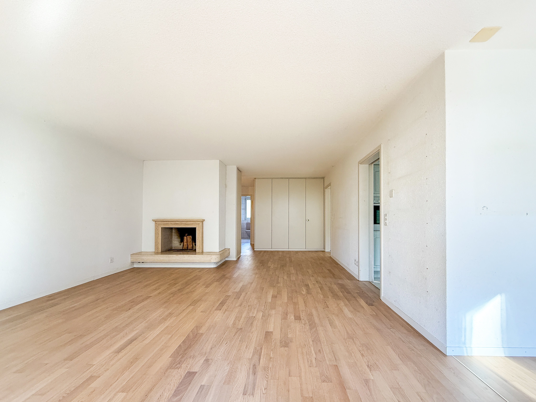 Heller Wohnraum mit Kamin und Parkettboden