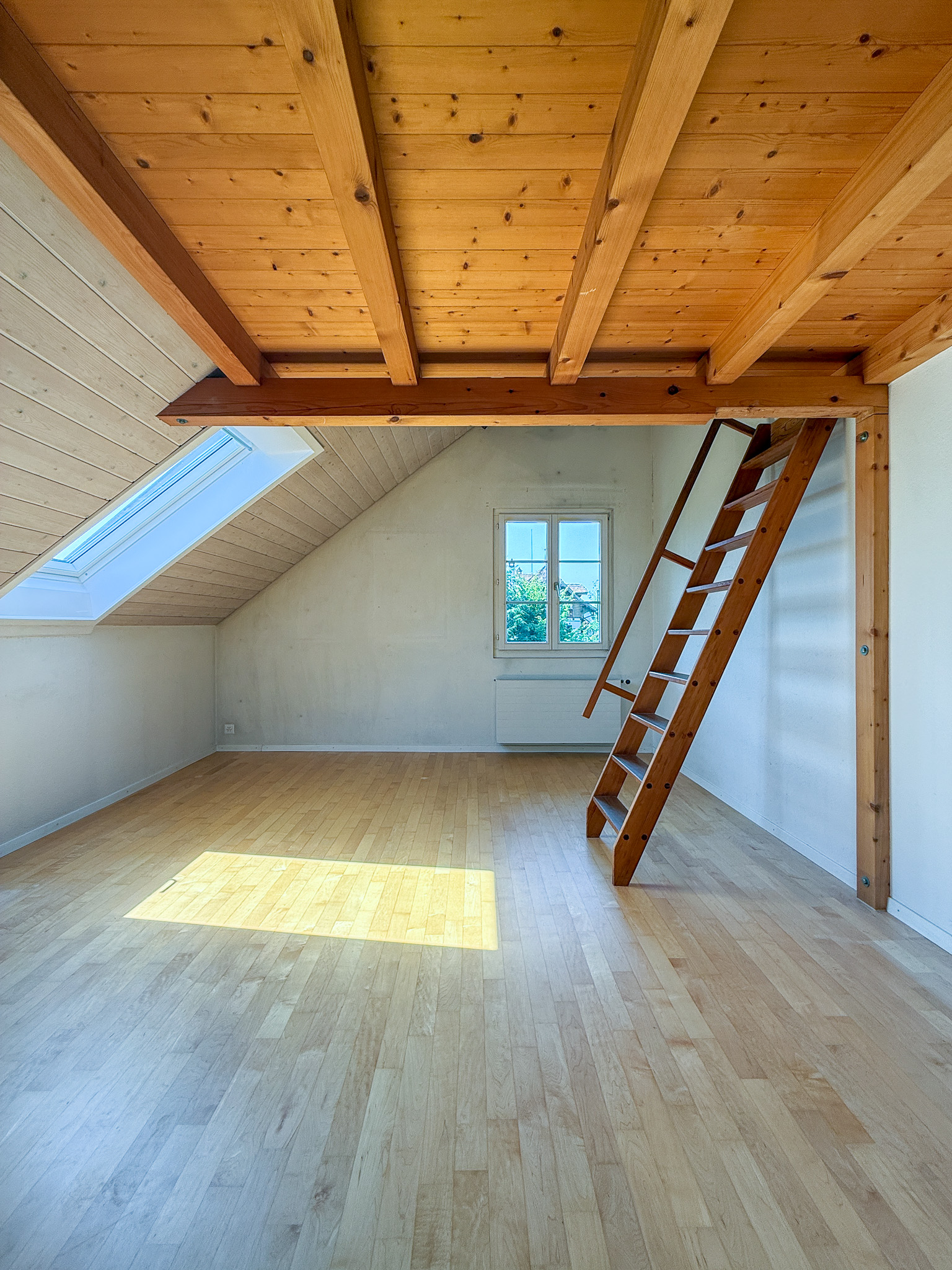 Ausgebauter Dachraum mit Holzdecke und Leiter