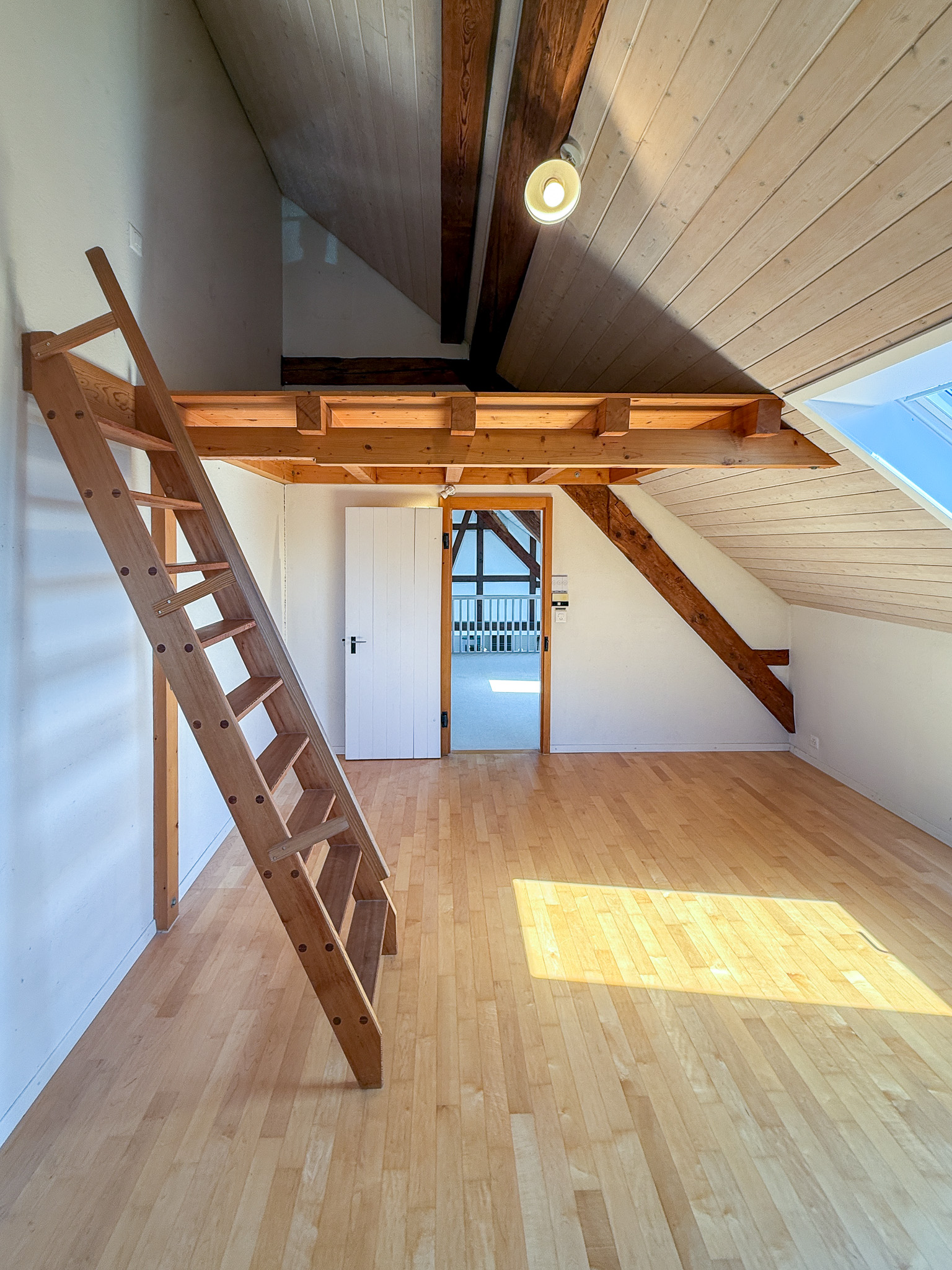 Heller Dachraum mit Holzleiter und sichtbaren Balken