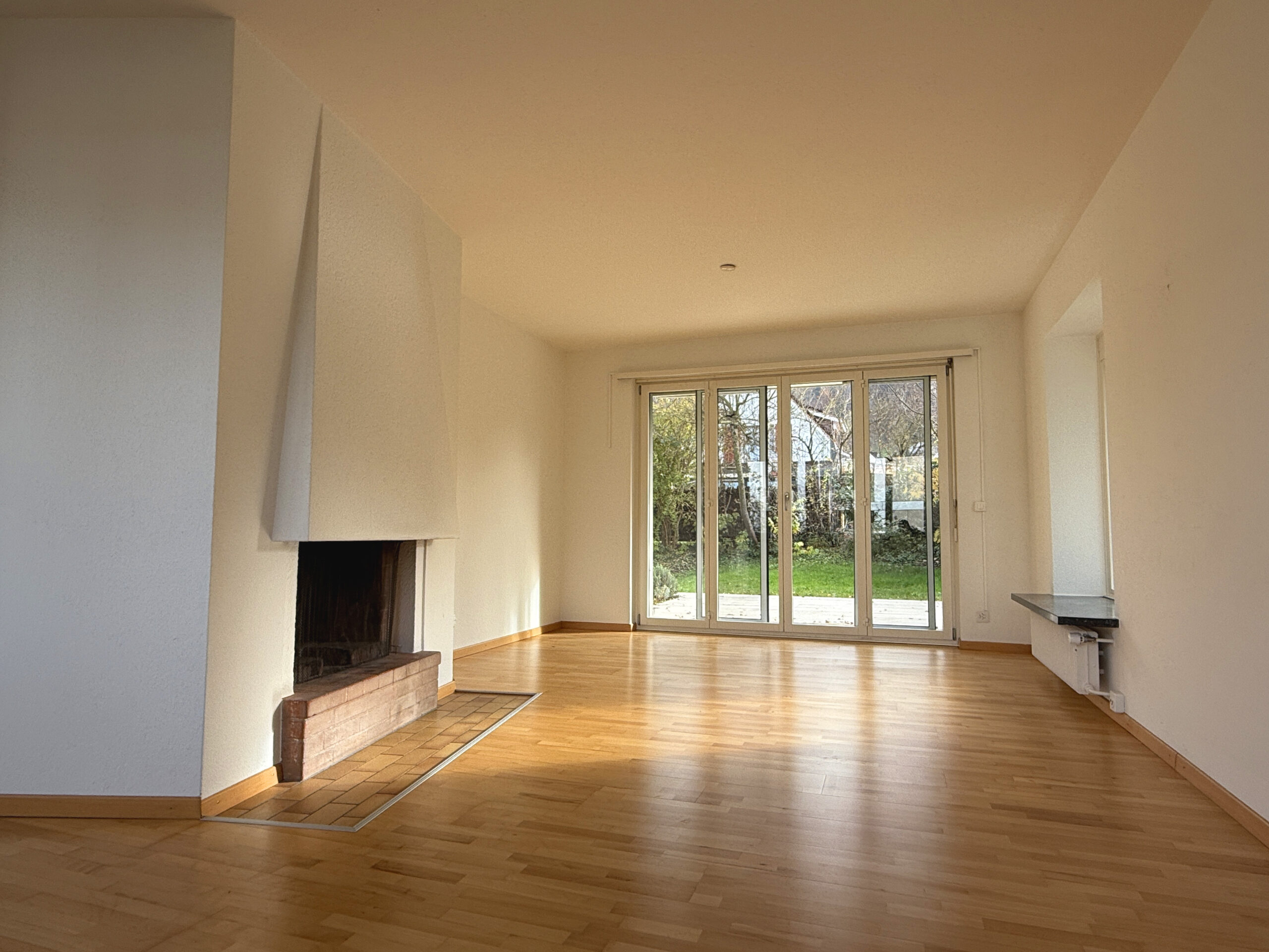 Heller Wohnraum mit Kamin und Terrassentüren