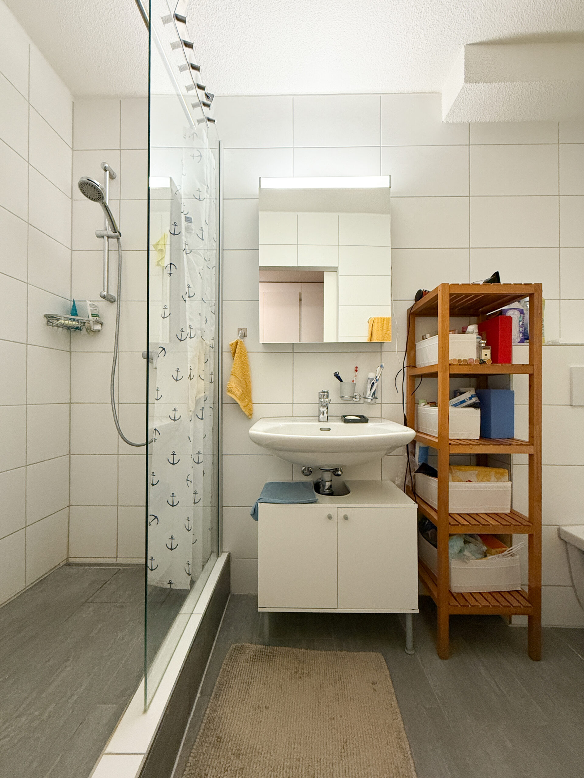 Modernes Badezimmer mit Dusche und Waschplatz