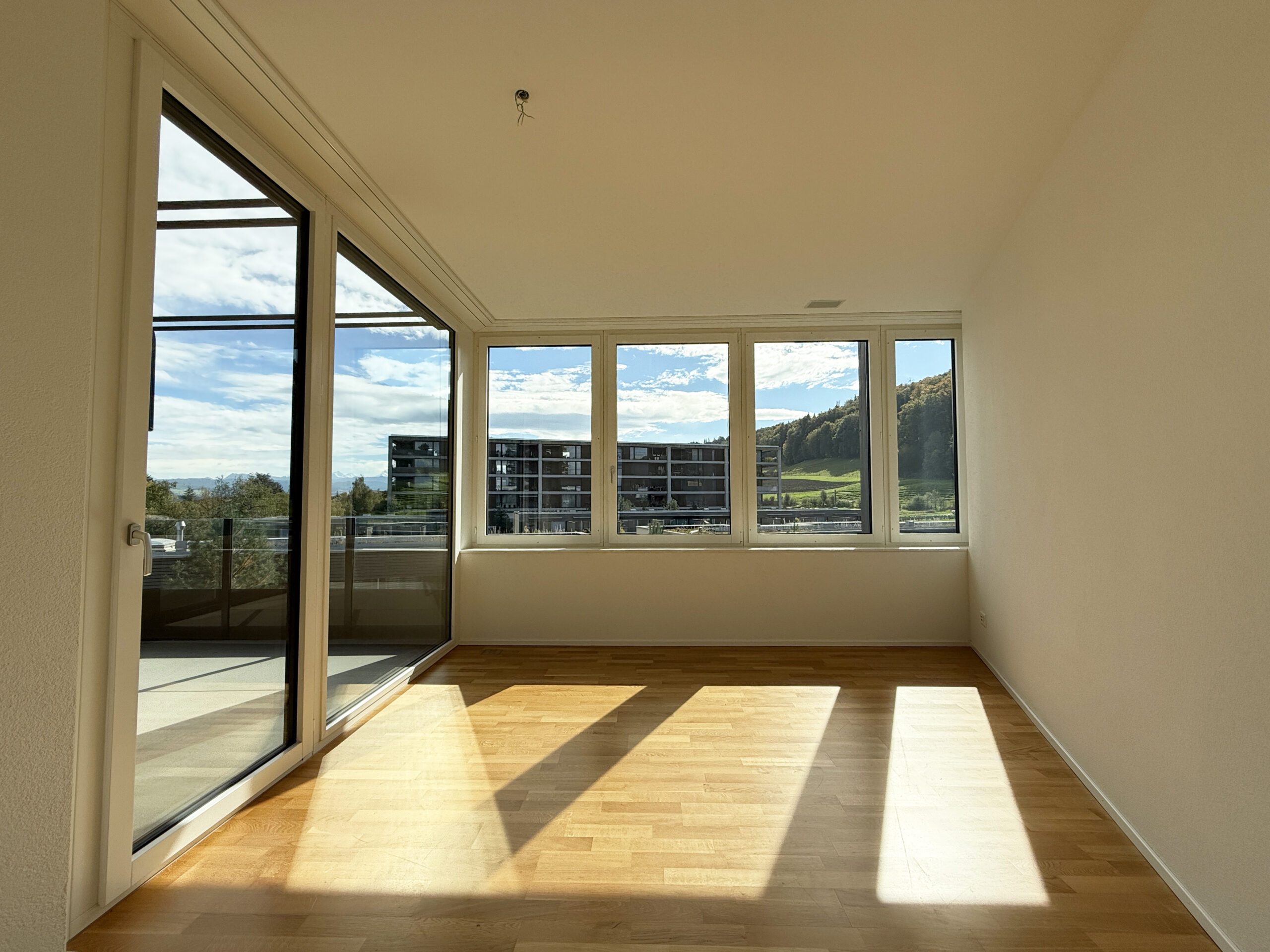 Heller leerer Raum mit Fensterfront und Balkonzugang