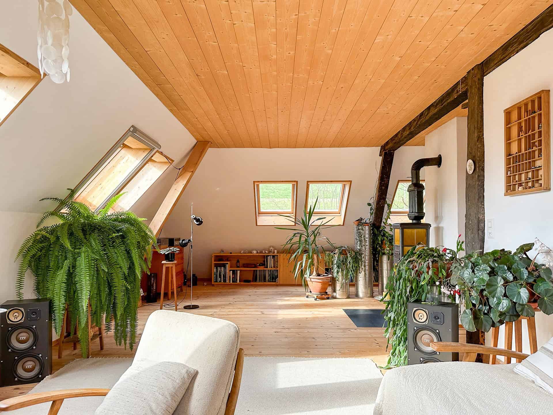 Gemütlicher Dachraum mit Holzofen und vielen Pflanzen