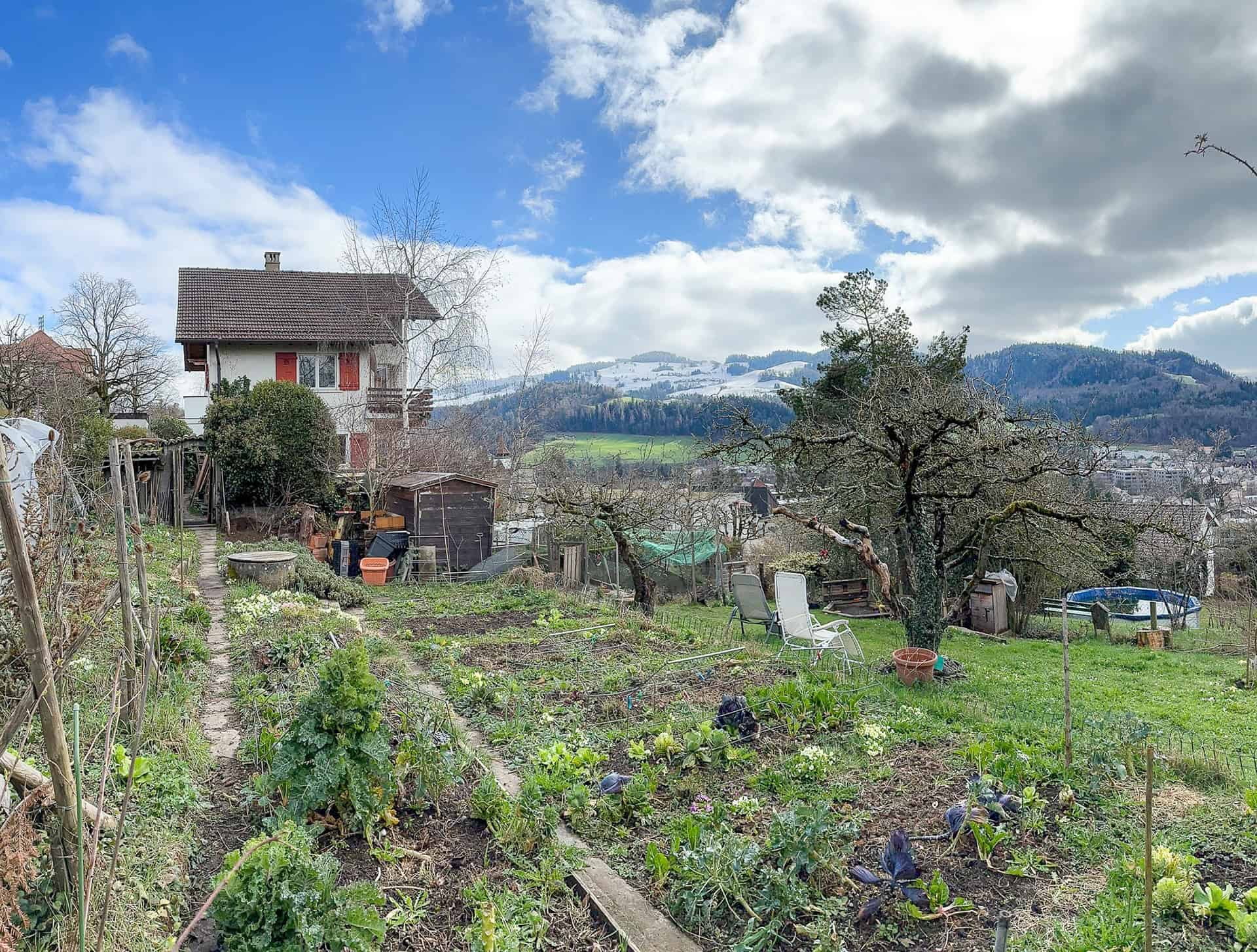 Blick auf ein Gartenanwesen mit Haus und Bergpanorama
