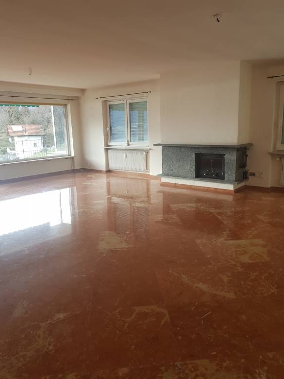 Großer leerer Wohnraum mit Kamin