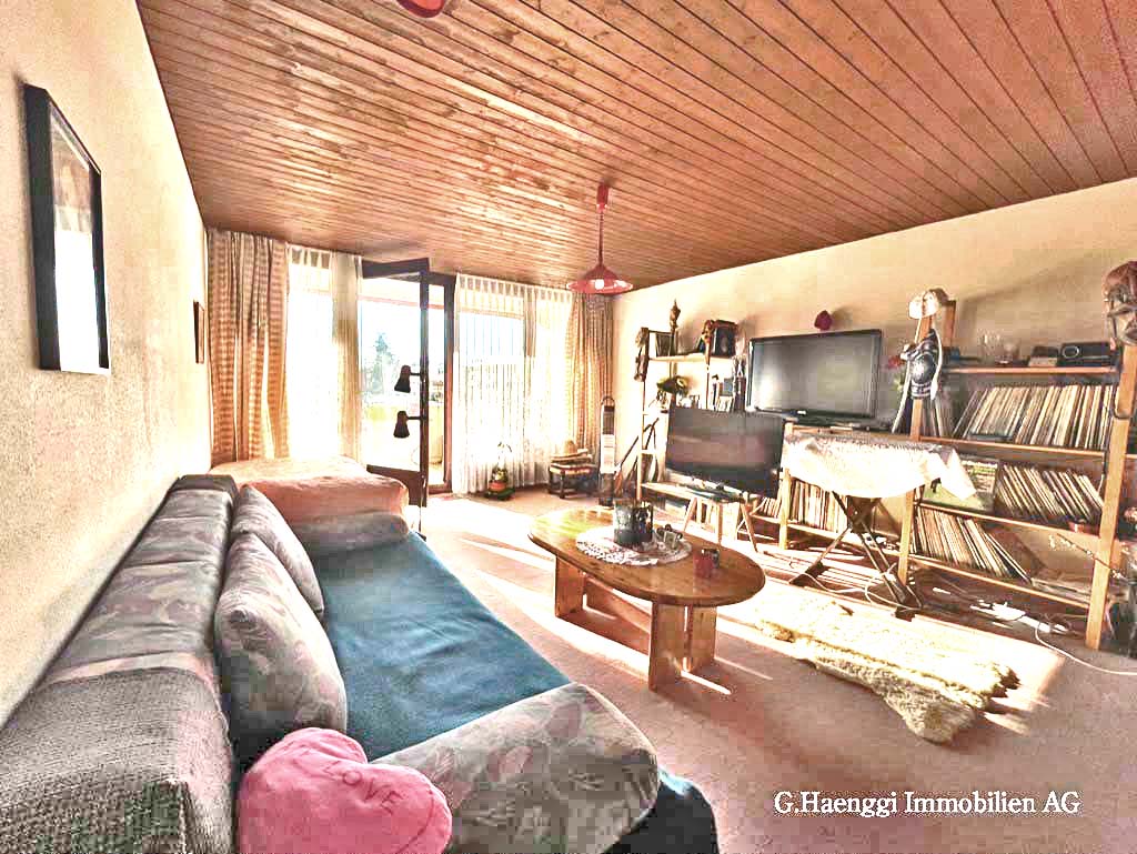 Wohnzimmer mit Holzdecke und sonnigem Blick ins Freie
