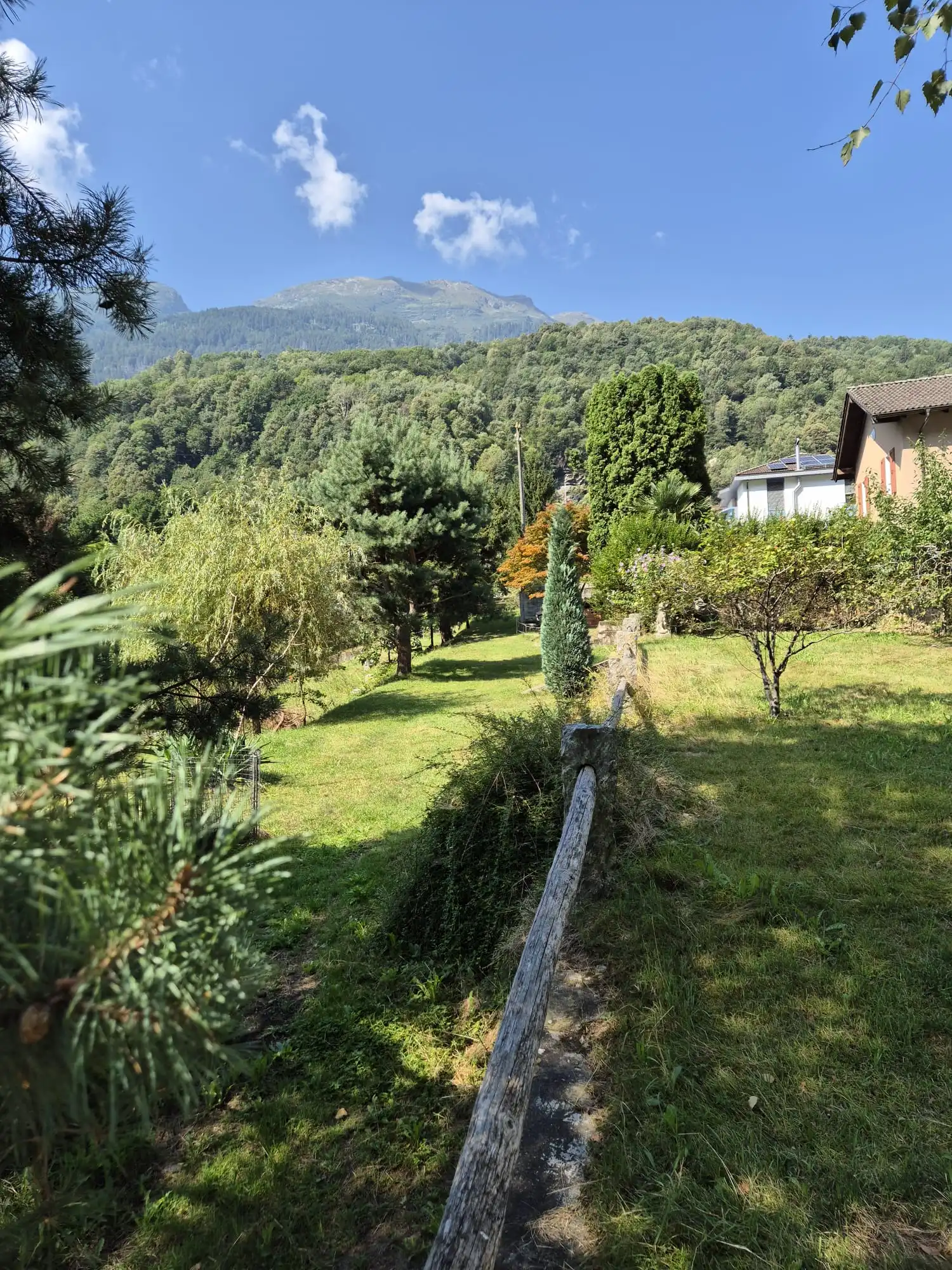 Blick auf Garten und Berge