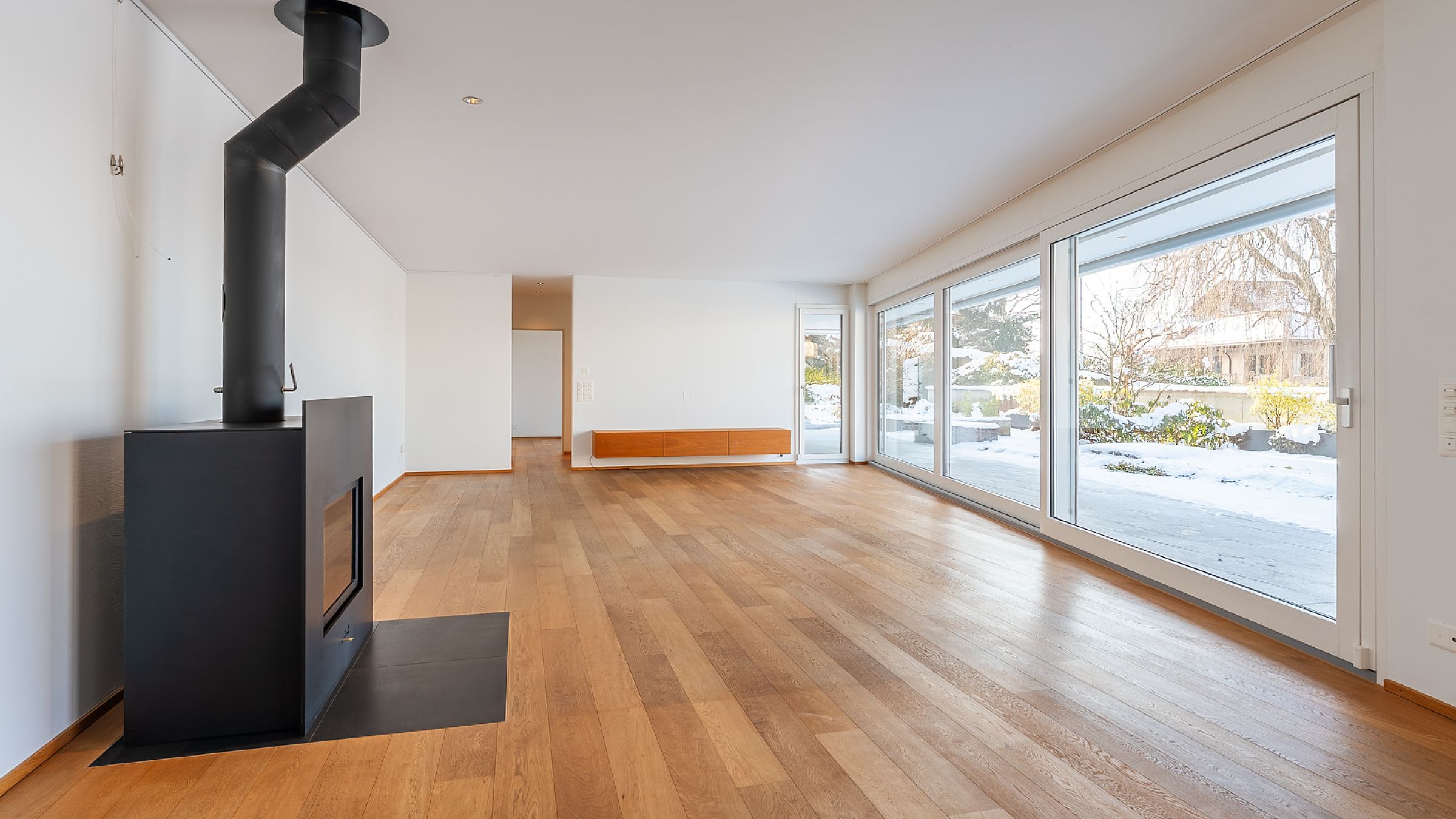 Modernes Wohnzimmer mit Kamin und großer Glasfront