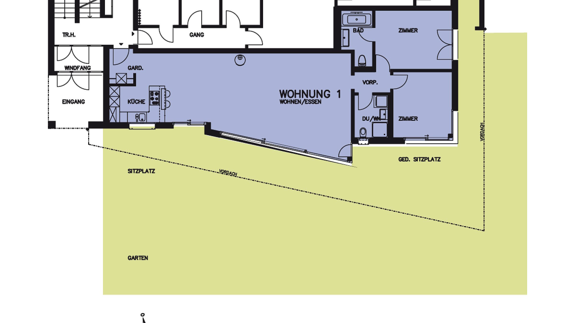 Grundriss einer Wohnung mit Garten und Stellplätzen