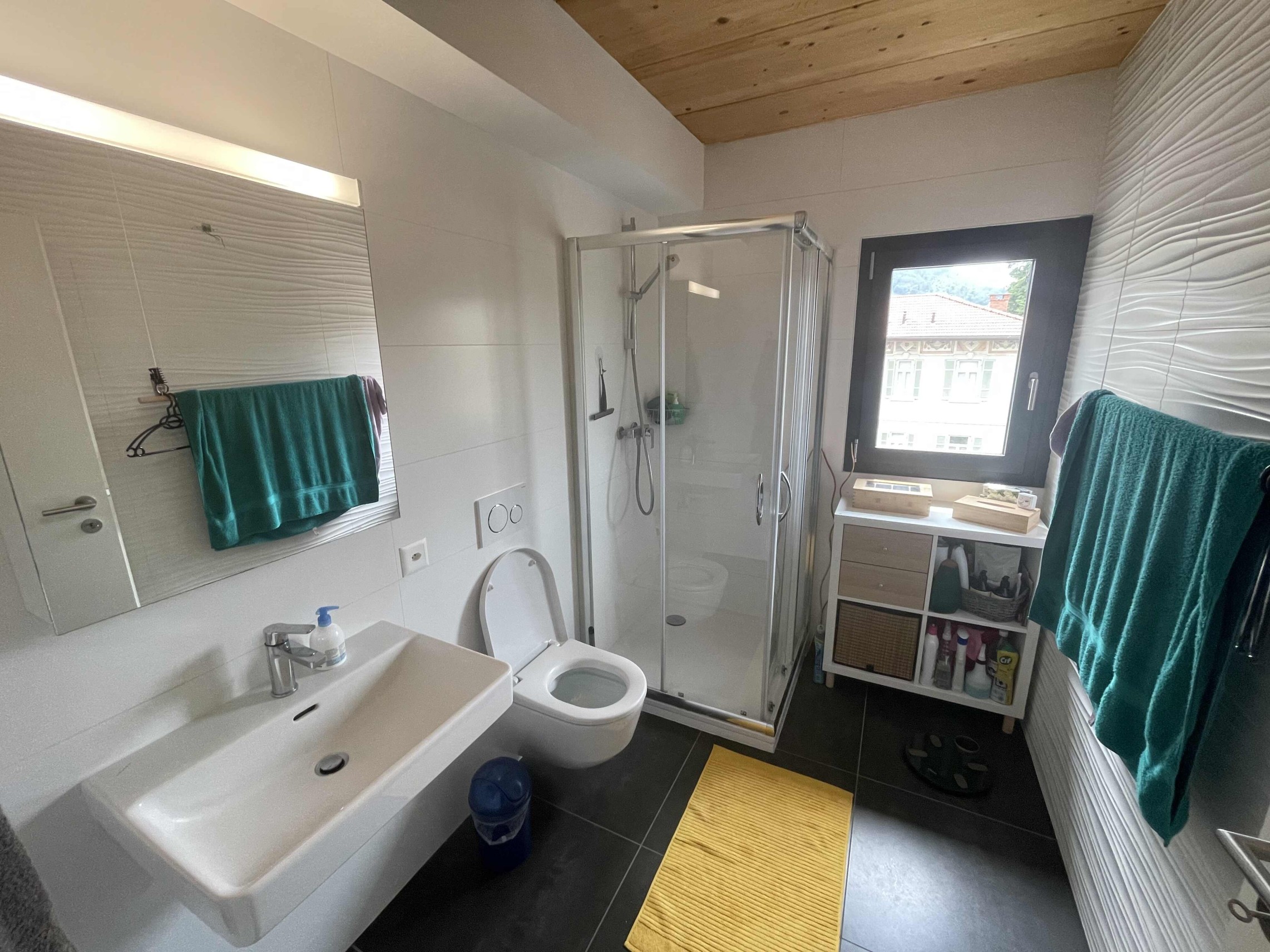 Modernes Badezimmer mit Dusche und Dachfenster