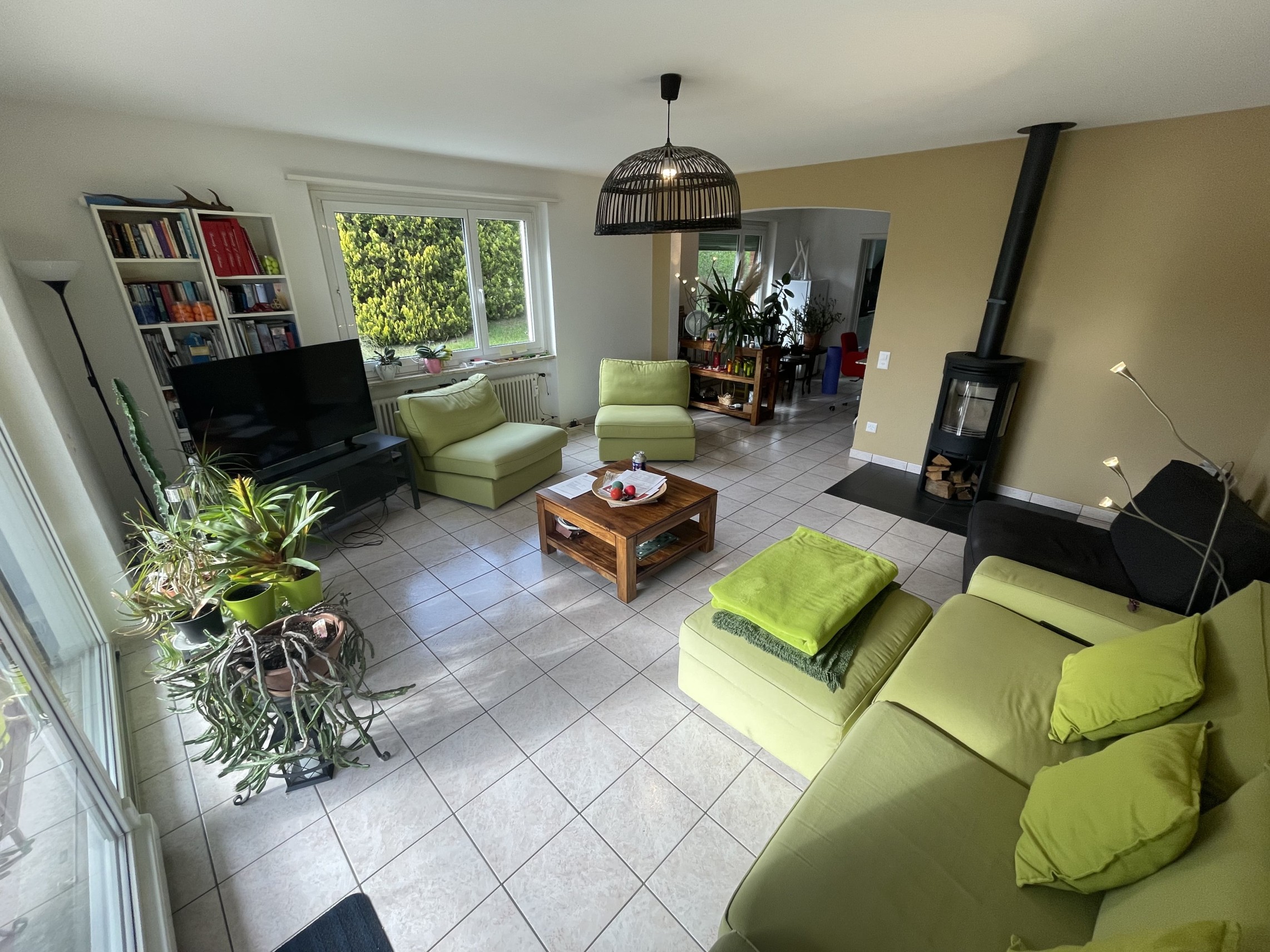 Helles Wohnzimmer mit Kamin und Sitzgruppe