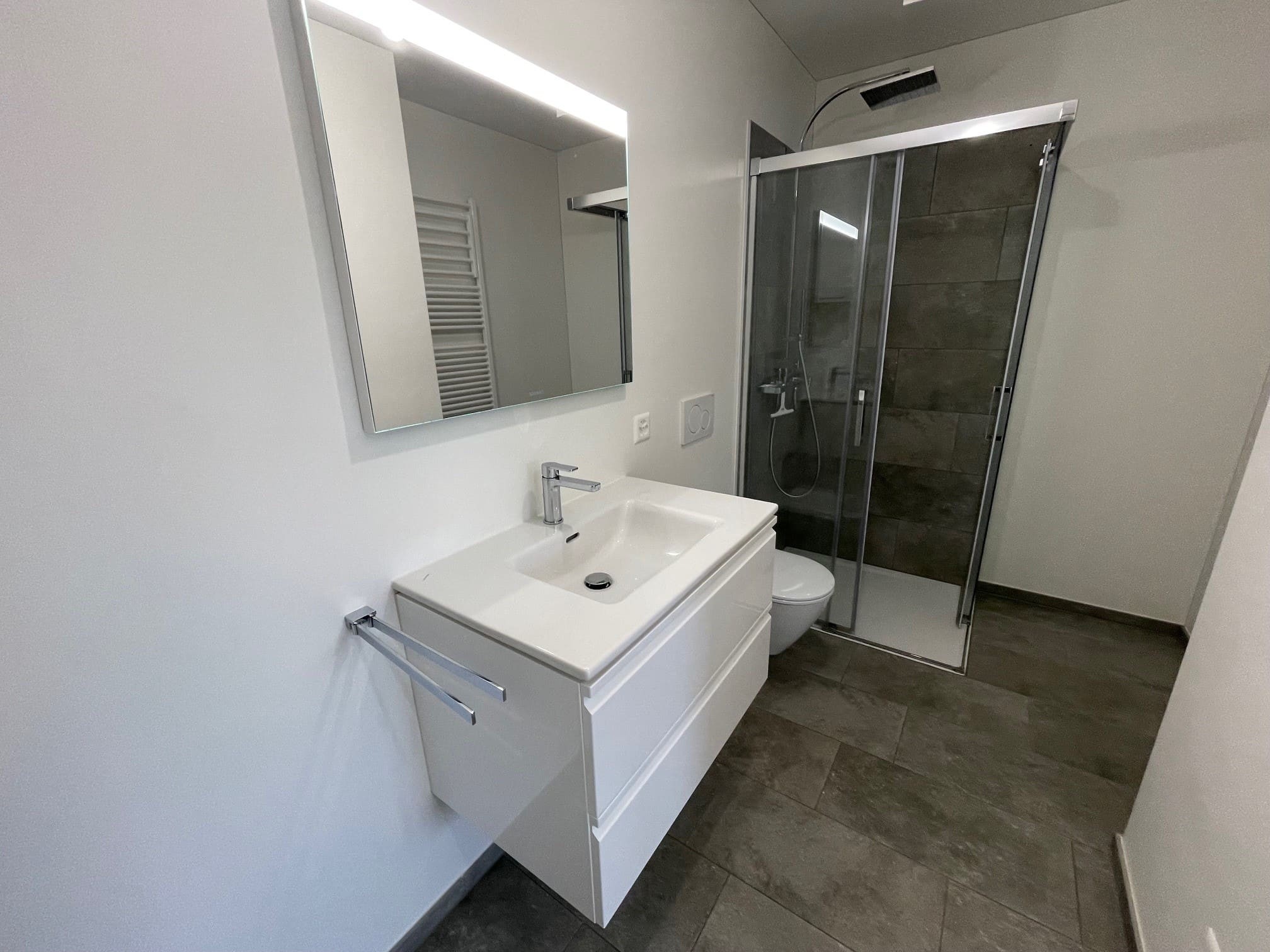 Modernes Badezimmer mit Dusche und Waschtisch
