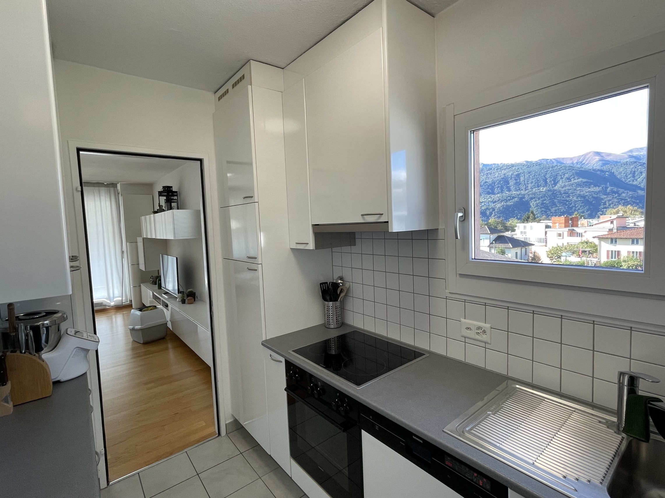Helle Einbauküche mit Bergblick