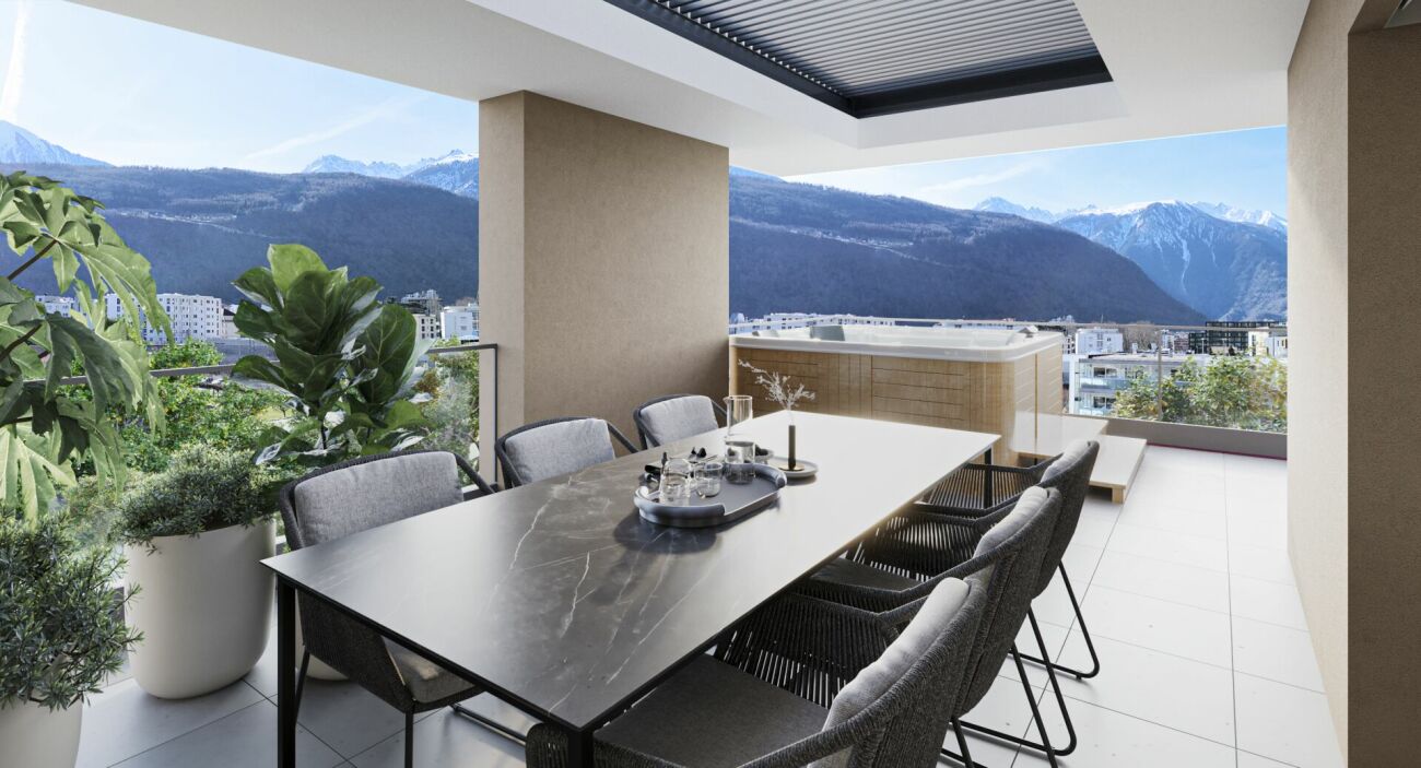 Überdachte Terrasse mit Bergblick
