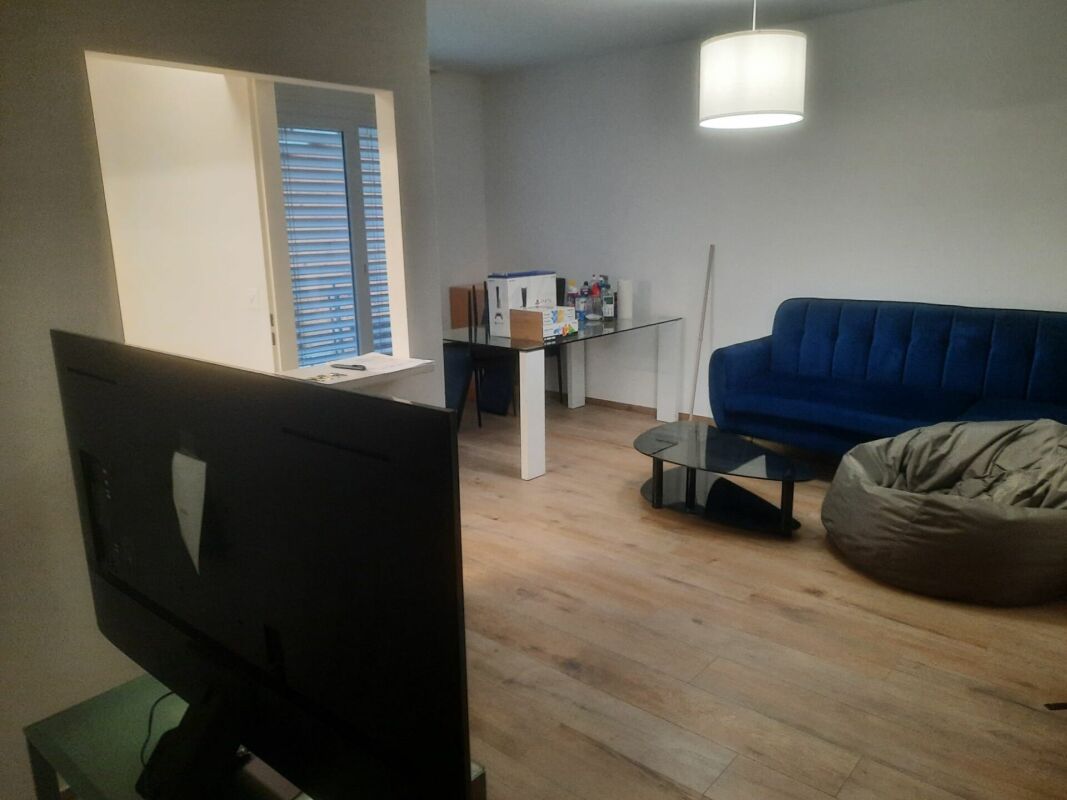 Wohnzimmer mit Schlafsofa und TV