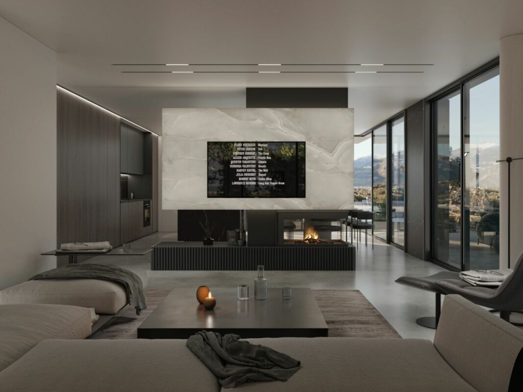 Modernes Wohnzimmer mit Kamin und Panoramafenstern