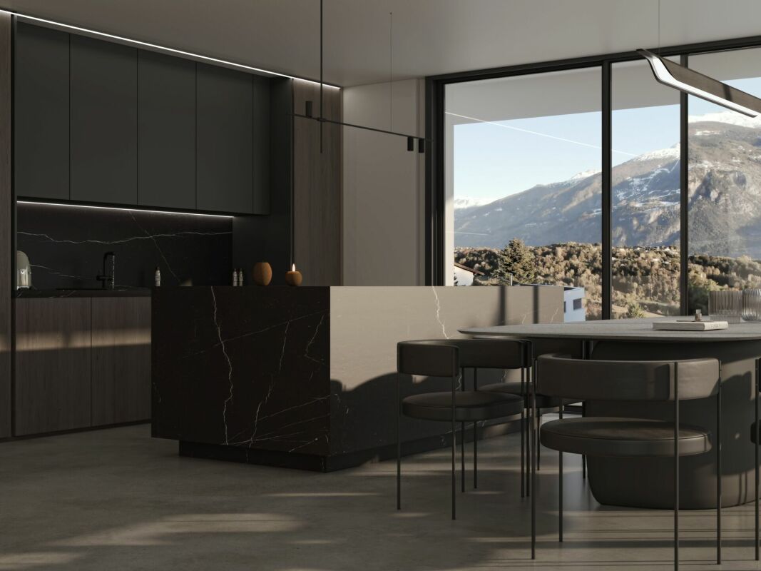 Offene Designküche mit Bergblick