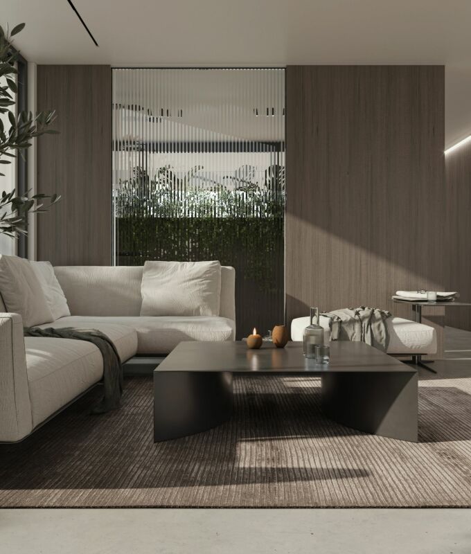 Modernes, minimalistisches Wohnzimmer mit bodentiefem Fenster