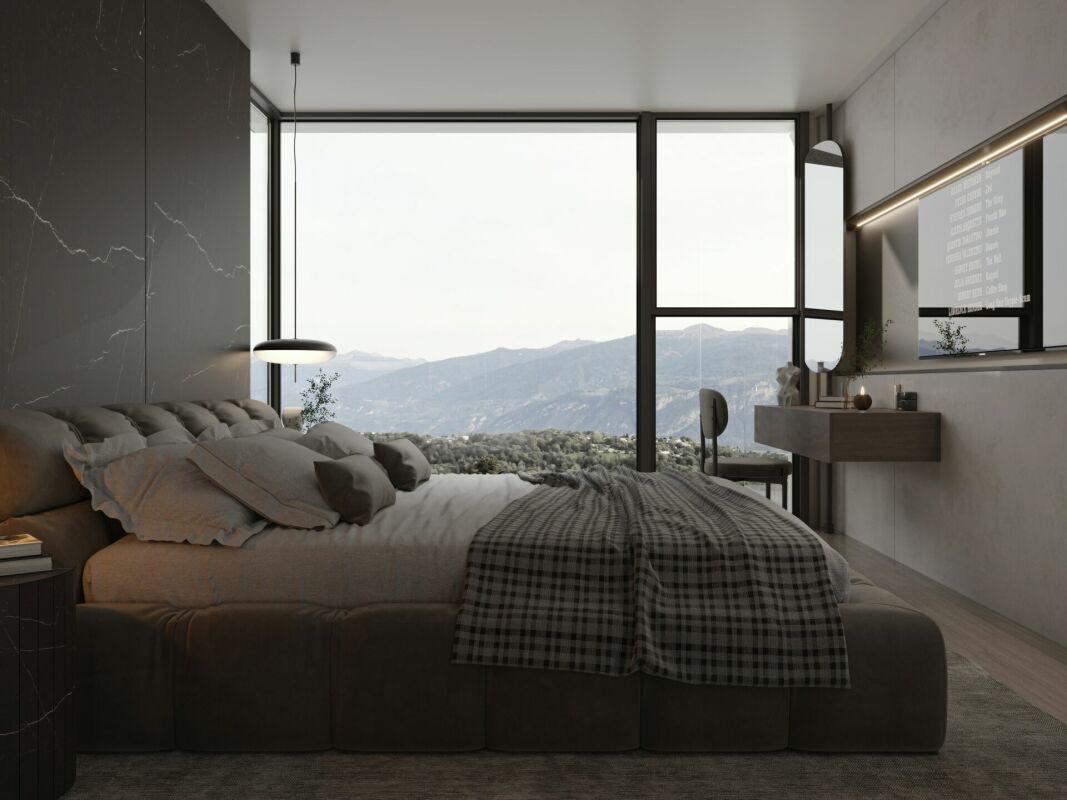 Modernes Schlafzimmer mit Panoramablick