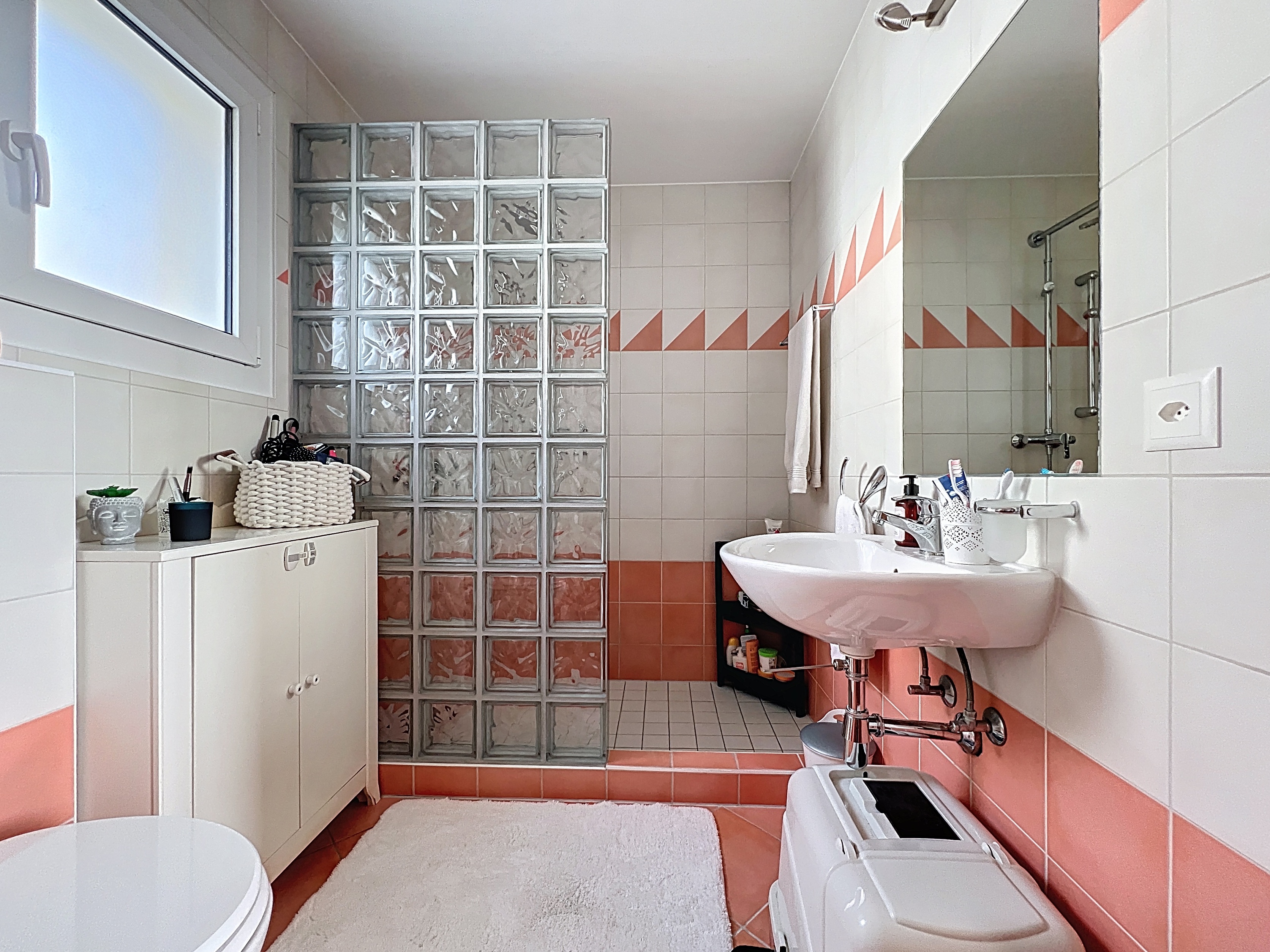 Badezimmer mit Duschbereich und Waschbecken