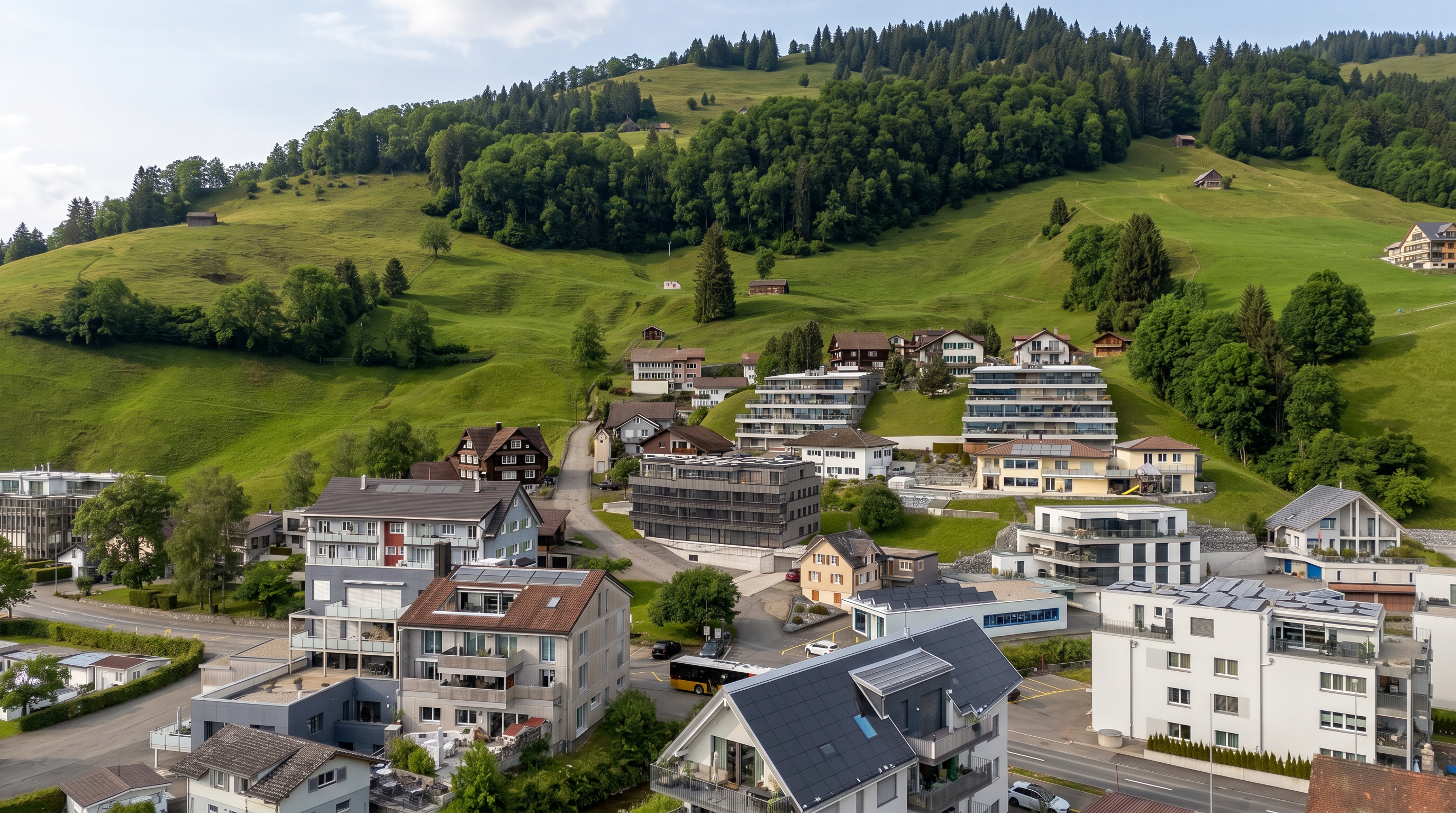 Panoramablick auf ein alpines Dorf mit grünen Hängen