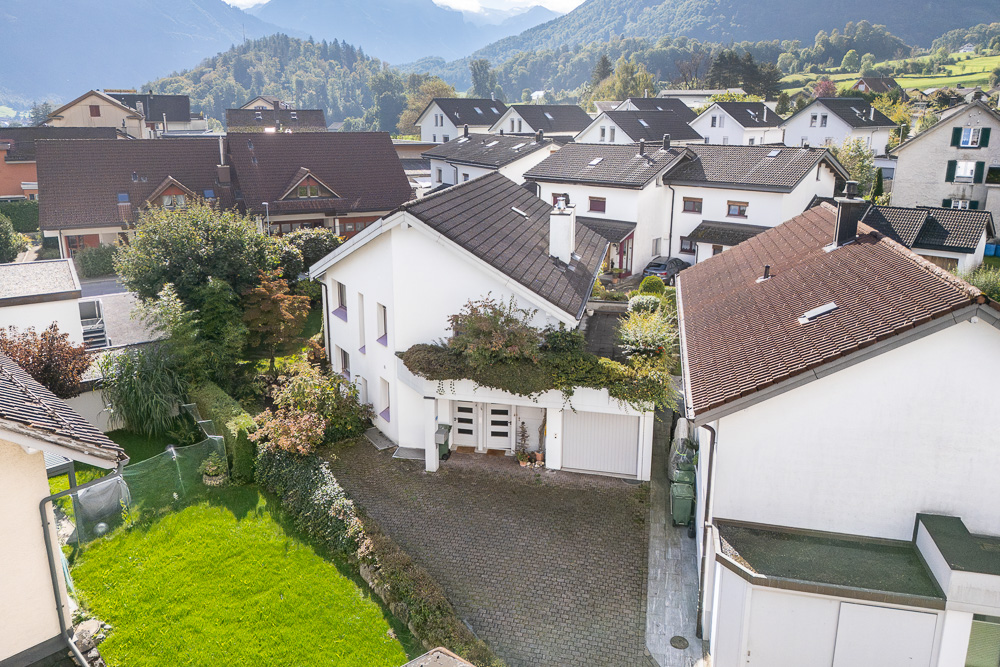 Wohngebiet mit Einfamilienhäusern und Bergkulisse