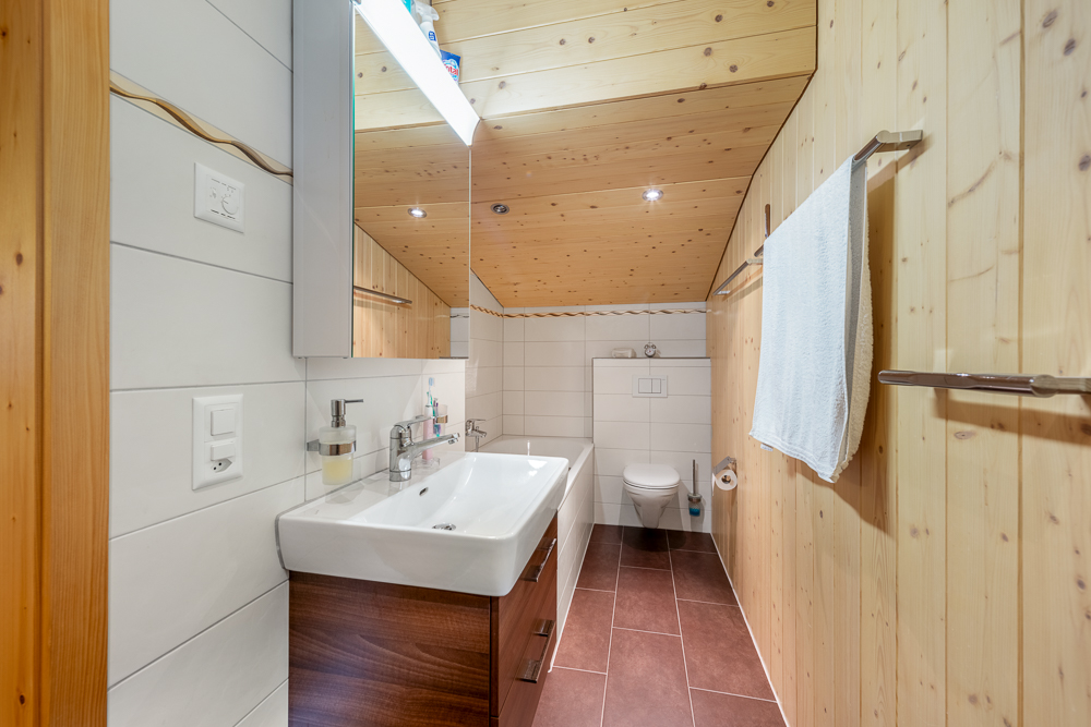 Kleines Badezimmer mit WC und Holzverkleidung