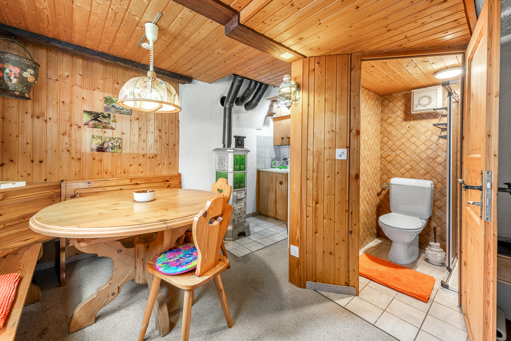 Gemütlicher Holzraum mit Essbereich und kleinem Bad