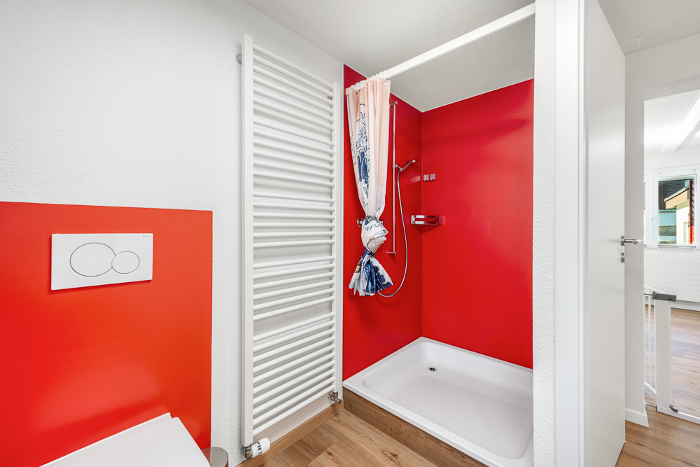 Modernes Badezimmer mit farbigem Akzent und Dusche