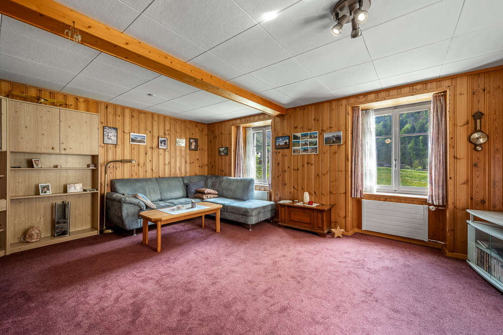 Wohnzimmer mit Holzvertäfelung und Teppichboden