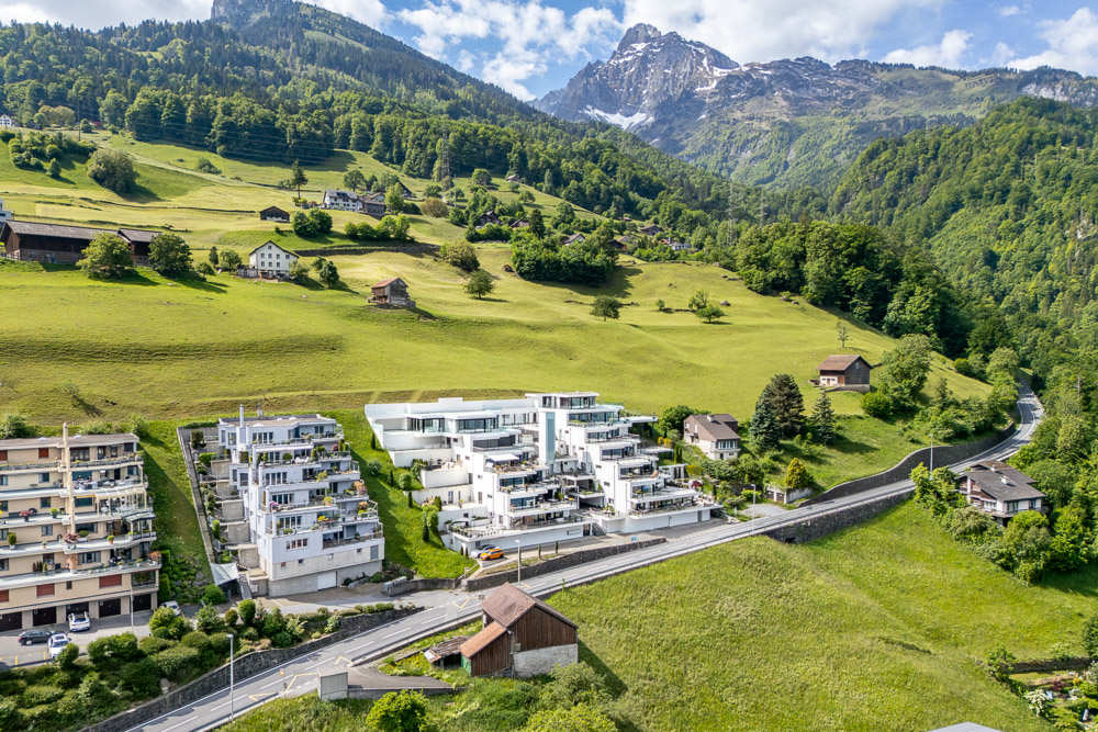 Alpine Landschaft mit modernen Wohnhäusern