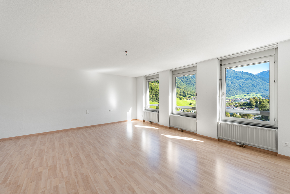 Heller leerer Wohnraum mit Bergblick