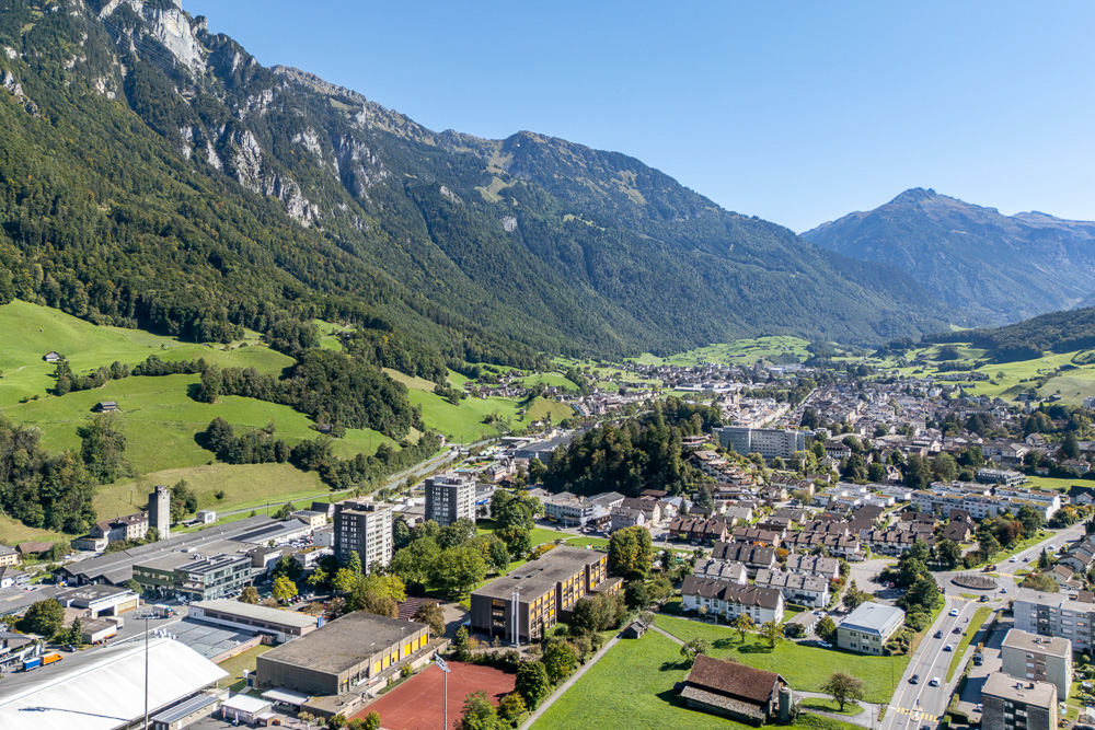 Bergtal mit Stadt und Alpenpanorama