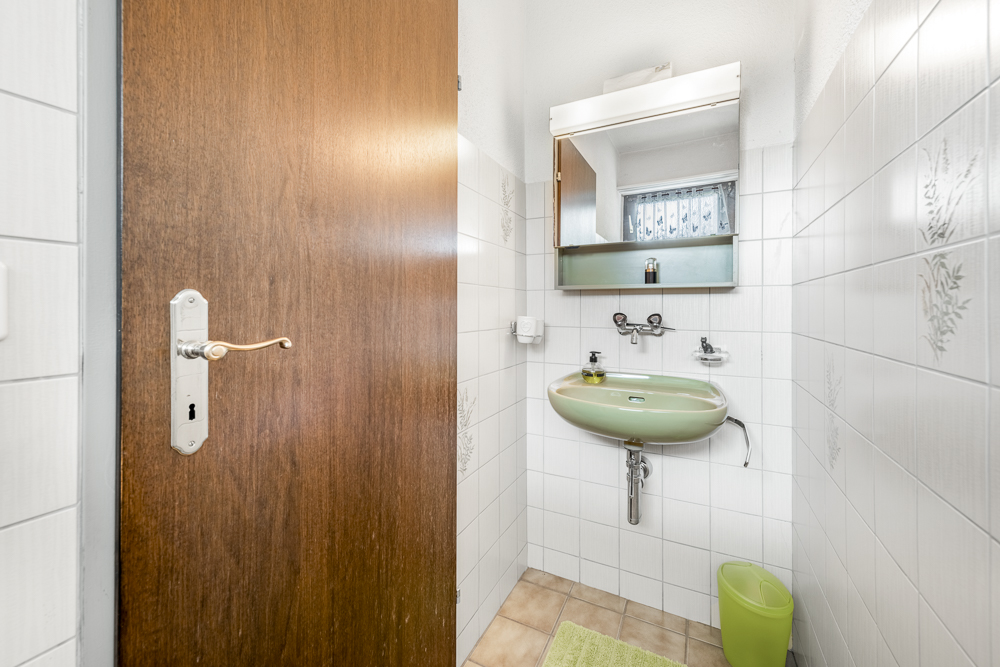 Gäste-WC mit grünem Waschtisch und Holztür