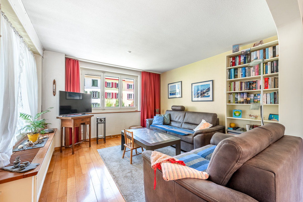 Helles Wohnzimmer mit Sofas und Bücherregal