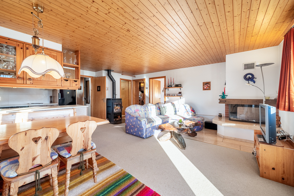 Gemütlicher Wohn-Essbereich mit Holzdecke und Kaminofen