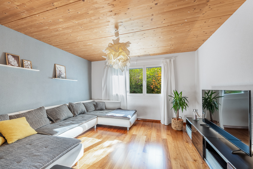 Helles Wohnzimmer mit Holzdecke und Ecksofa