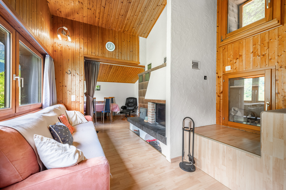 Gemütlicher Wohnbereich mit Kamin und Holzverkleidung