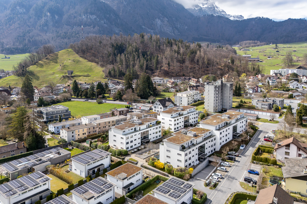 Blick über ein Wohngebiet mit Bergen im Hintergrund