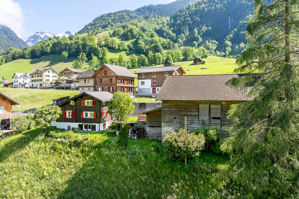Alpines Dorf mit Bergblick