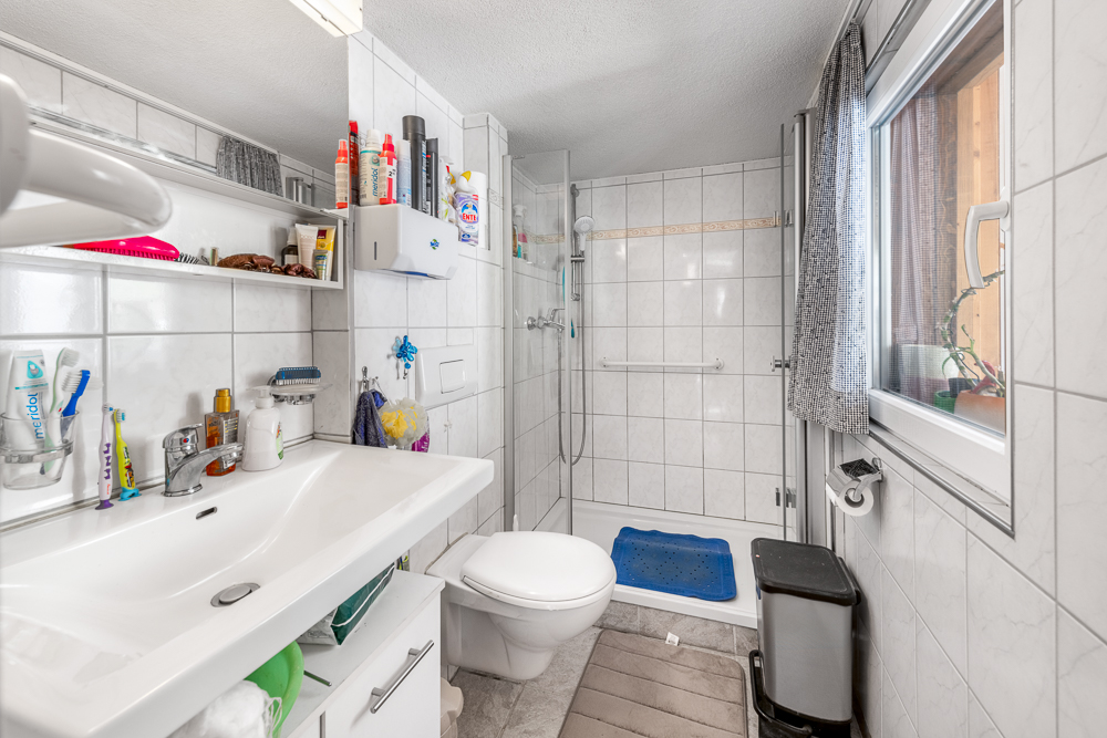 Kleines Badezimmer mit Dusche und Fenster