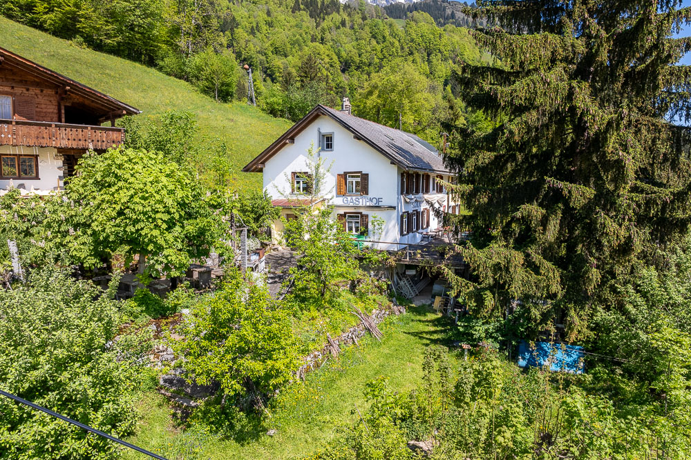 Alpenhaus mit Gaststube in grüner Hanglage