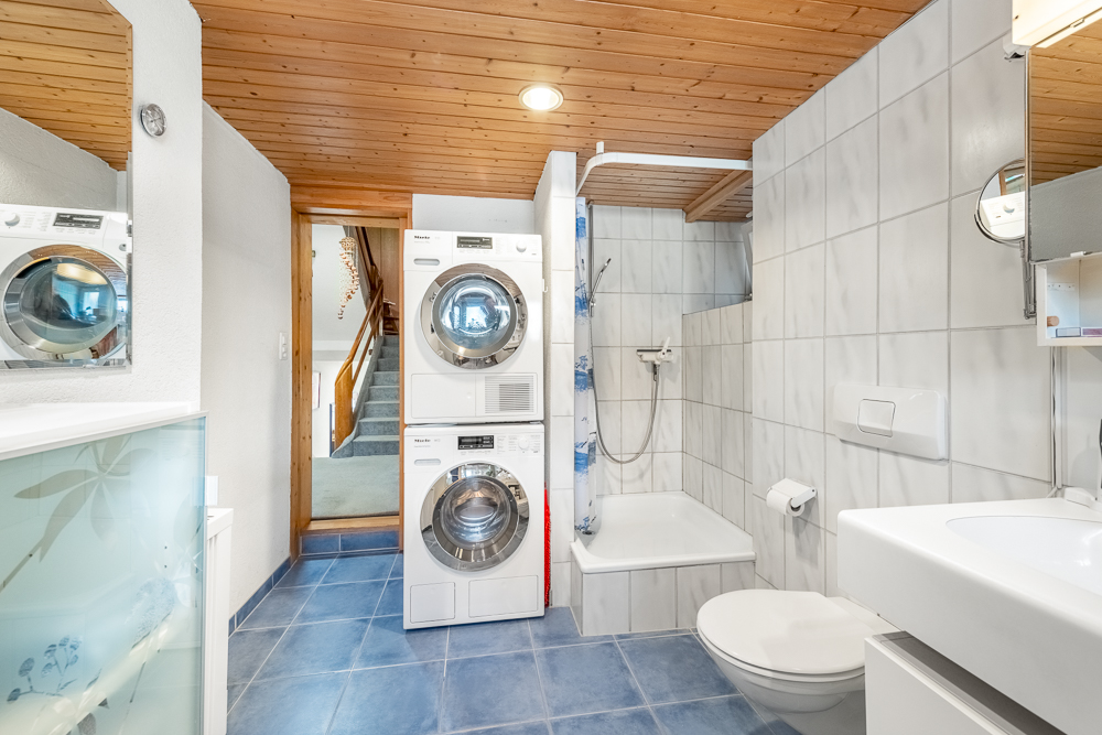 Modernes Badezimmer mit Waschturm und Dusche