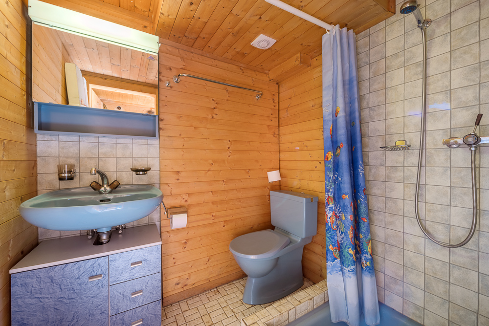Rustikales Badezimmer mit Holzverkleidung und Dusche