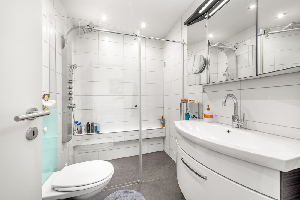 Modernes Badezimmer mit Glasdusche und Waschtisch