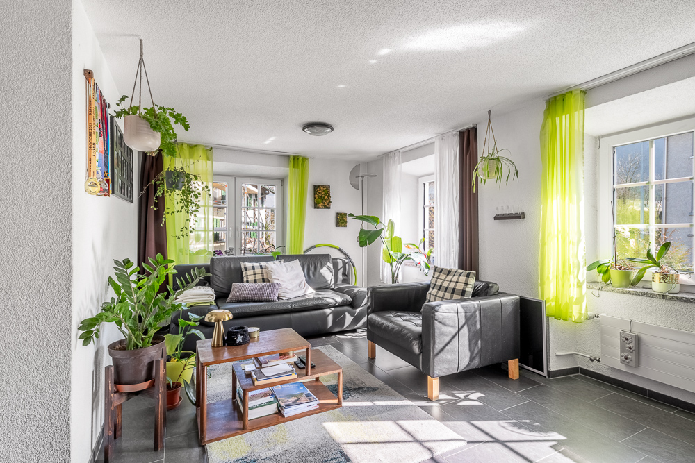 Helles Wohnzimmer mit schwarzen Ledersofas und vielen Pflanzen
