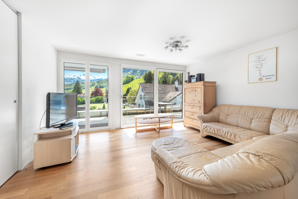 Helles Wohnzimmer mit Bergblick