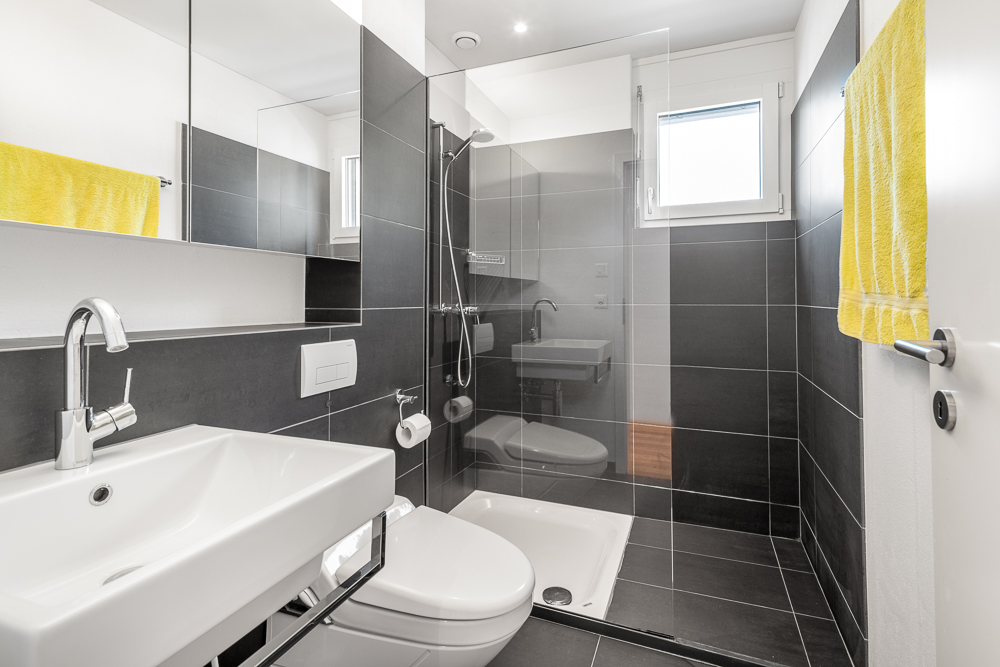 Modernes Bad mit Dusche und Waschtisch
