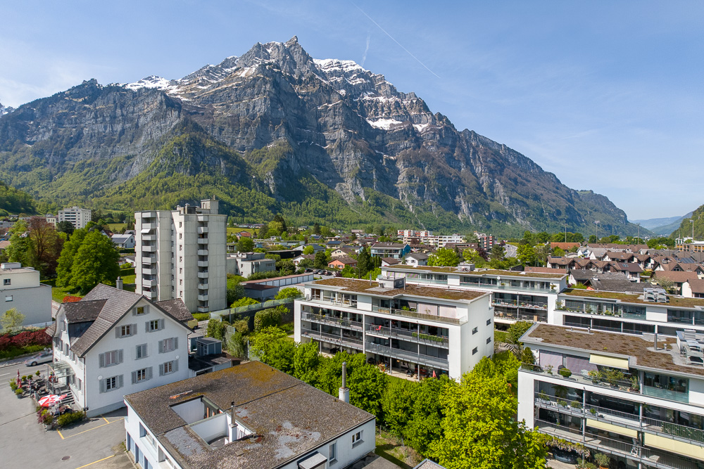 Bergpanorama über Wohngebiet