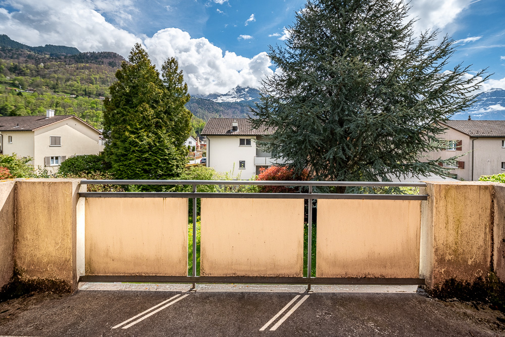 Balkon mit Berg- und Wohnumfeld